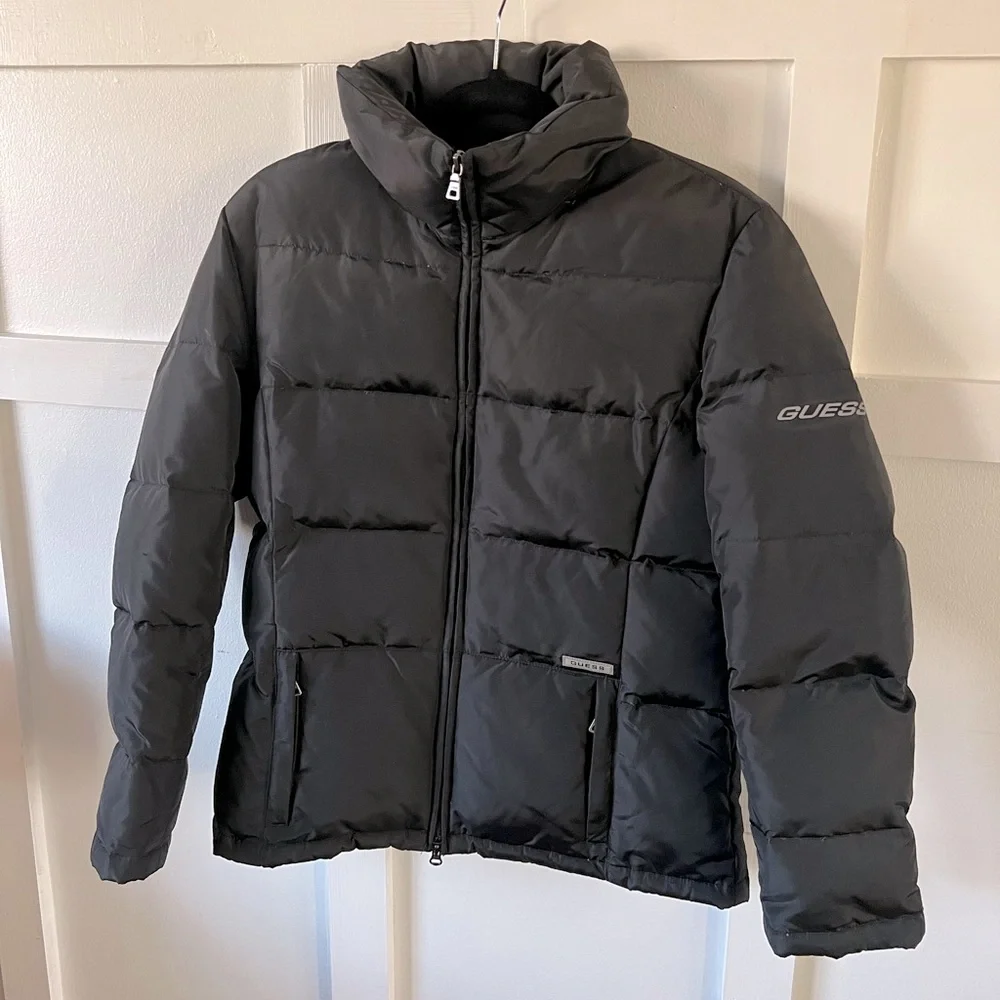 EUC Vintage Guess down puffer coat women’s small black zip up jacket unisex top - Picture 13 of 16